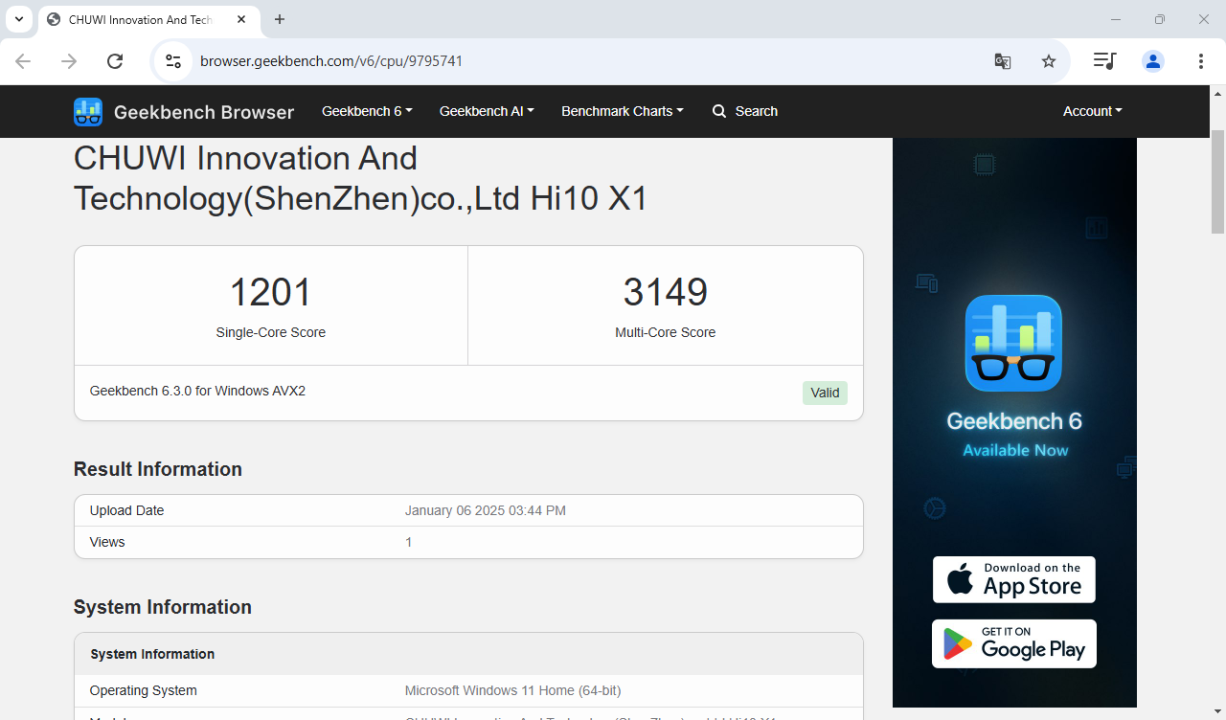 Chuwi Hi10 X1 Geekbench CPU